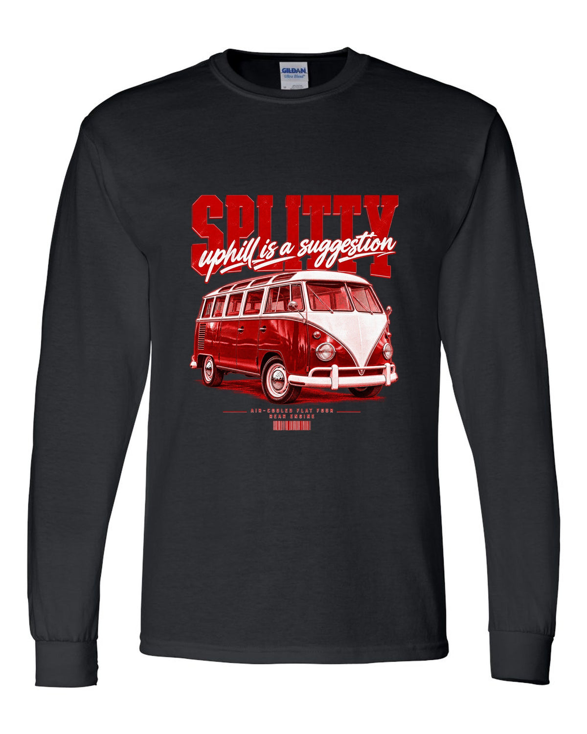 Street poster print of a 1963 VW T1 split-window bus with air-cooled flat-four text black long sleeve front view with the design