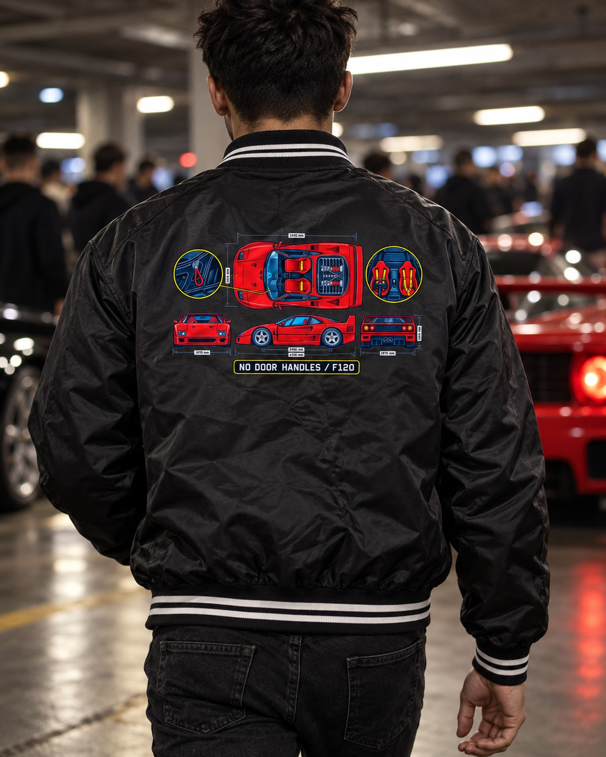 Ferrari F40 Cabin Blueprint Tee, No Door Handles Car Shirt Bomber Jacket Black worn hero