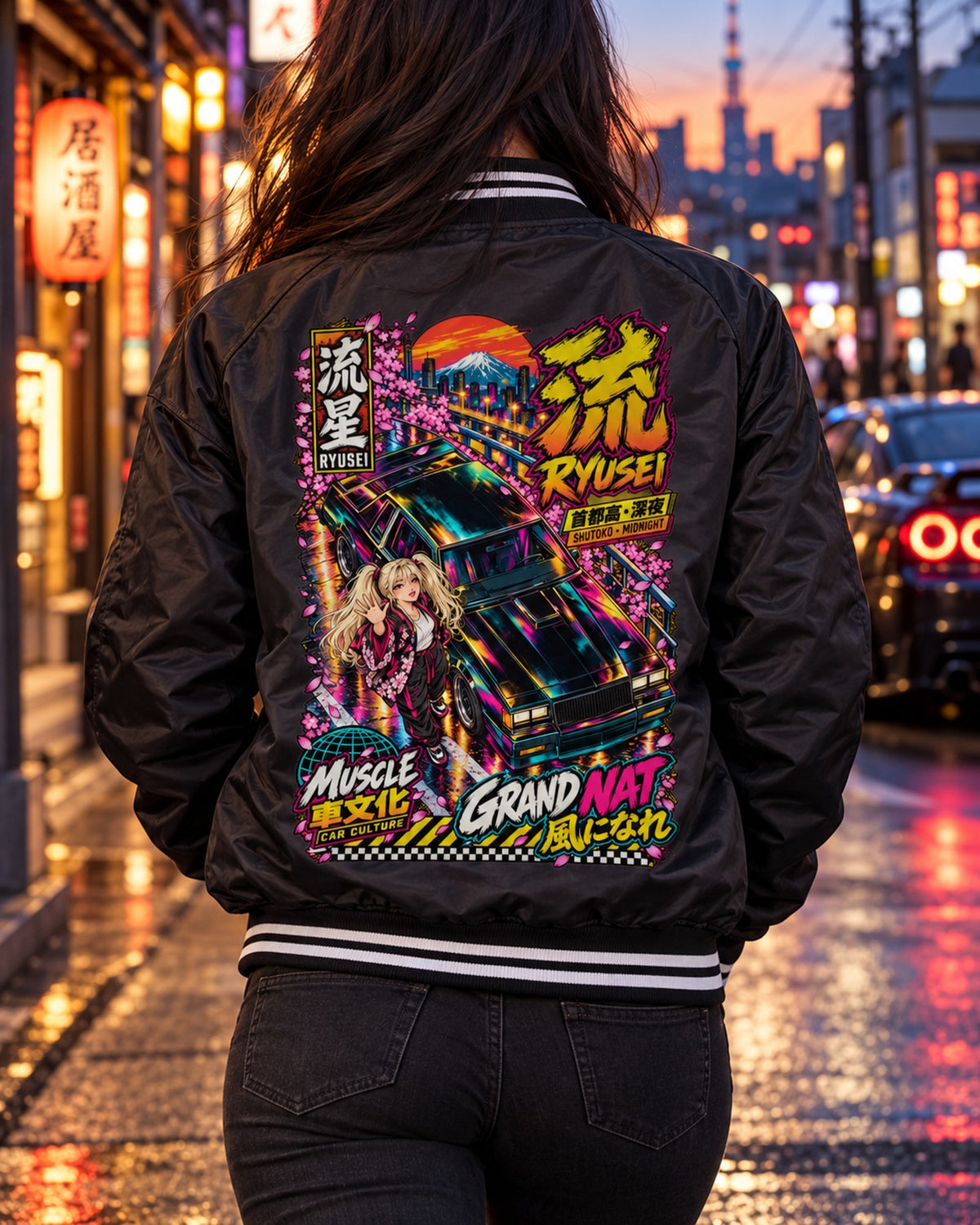 RYUSEI GRAND NAT Anime Girl Full-Back Graphic Tee Bomber Jacket Black worn hero