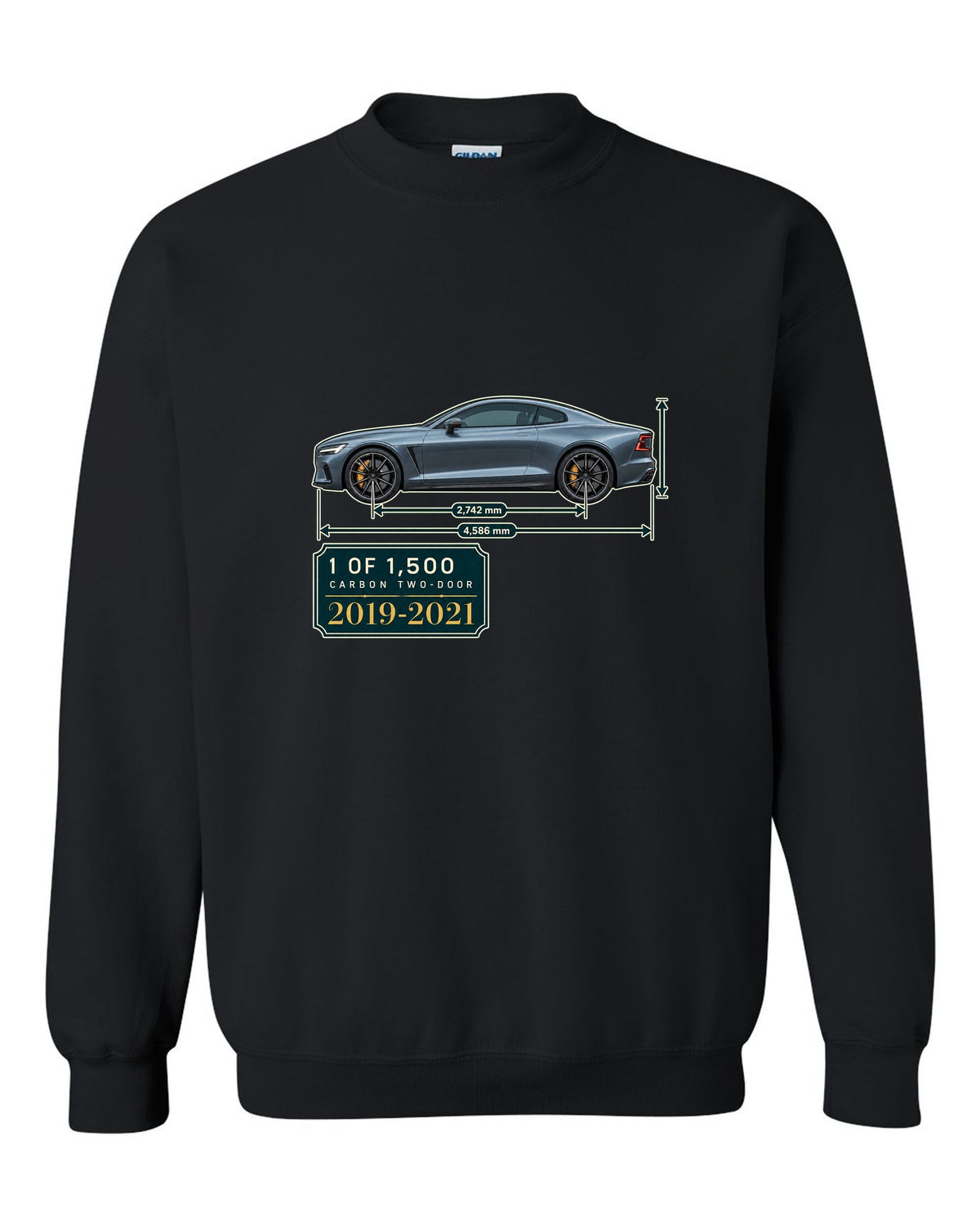 Polestar 1 archive panel print showing 1 of 1,500 carbon two-door black crewneck front view with the design