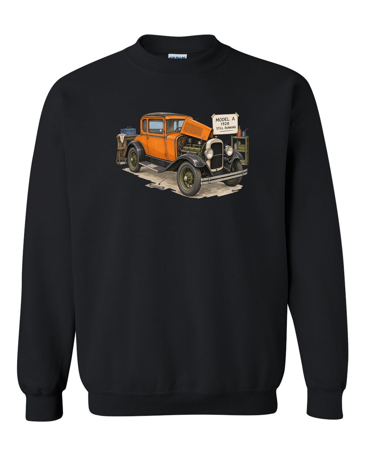 Ink and marker sketch of a 1928 Ford Model A coupe with still running lettering black crewneck front view with the design