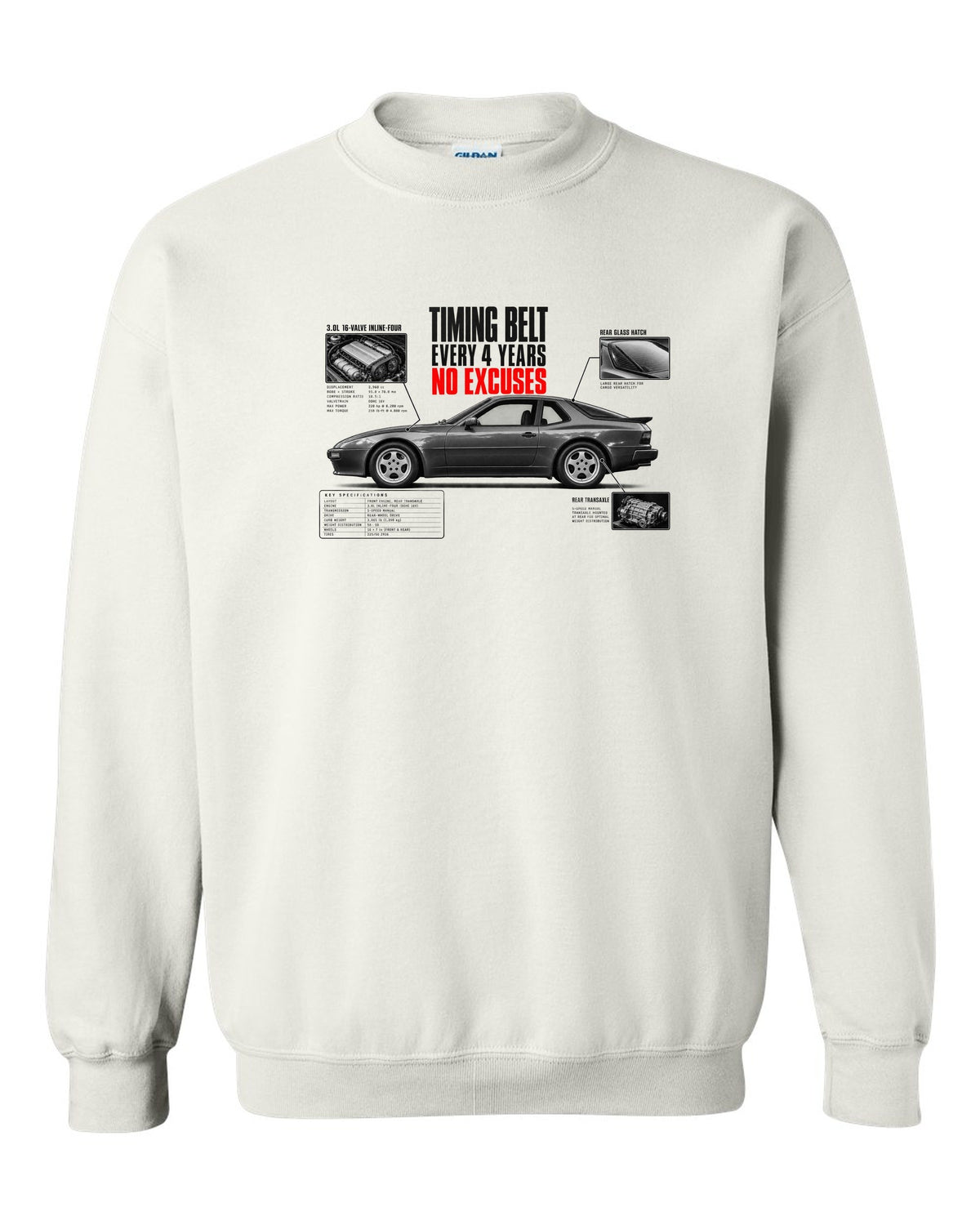 Spec poster print for a Porsche 944 S2 with a timing belt every 4 years caption white crewneck front view with the design