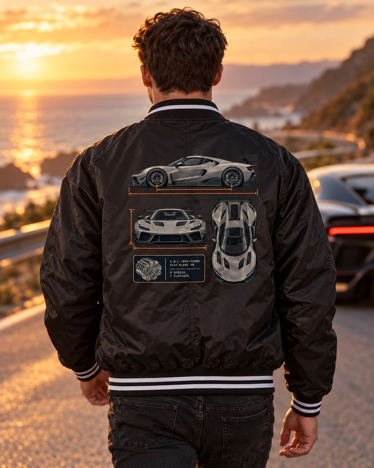 Koenigsegg Jesko Attack Three-View Spec Sheet Shirt, V8 Gift Bomber Jacket Black worn hero