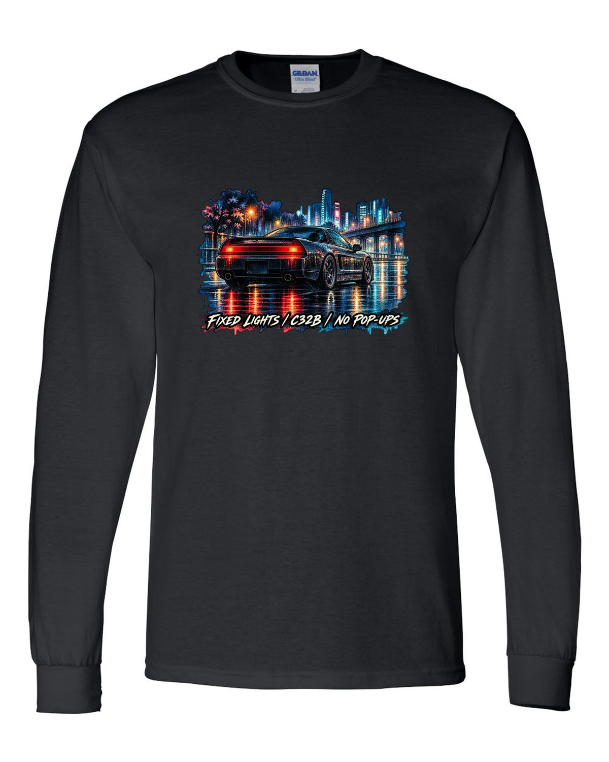 Watercolour wet-road night print of a Honda NSX NA2 with fixed lights C32B no pop-ups text black long sleeve front view with the design