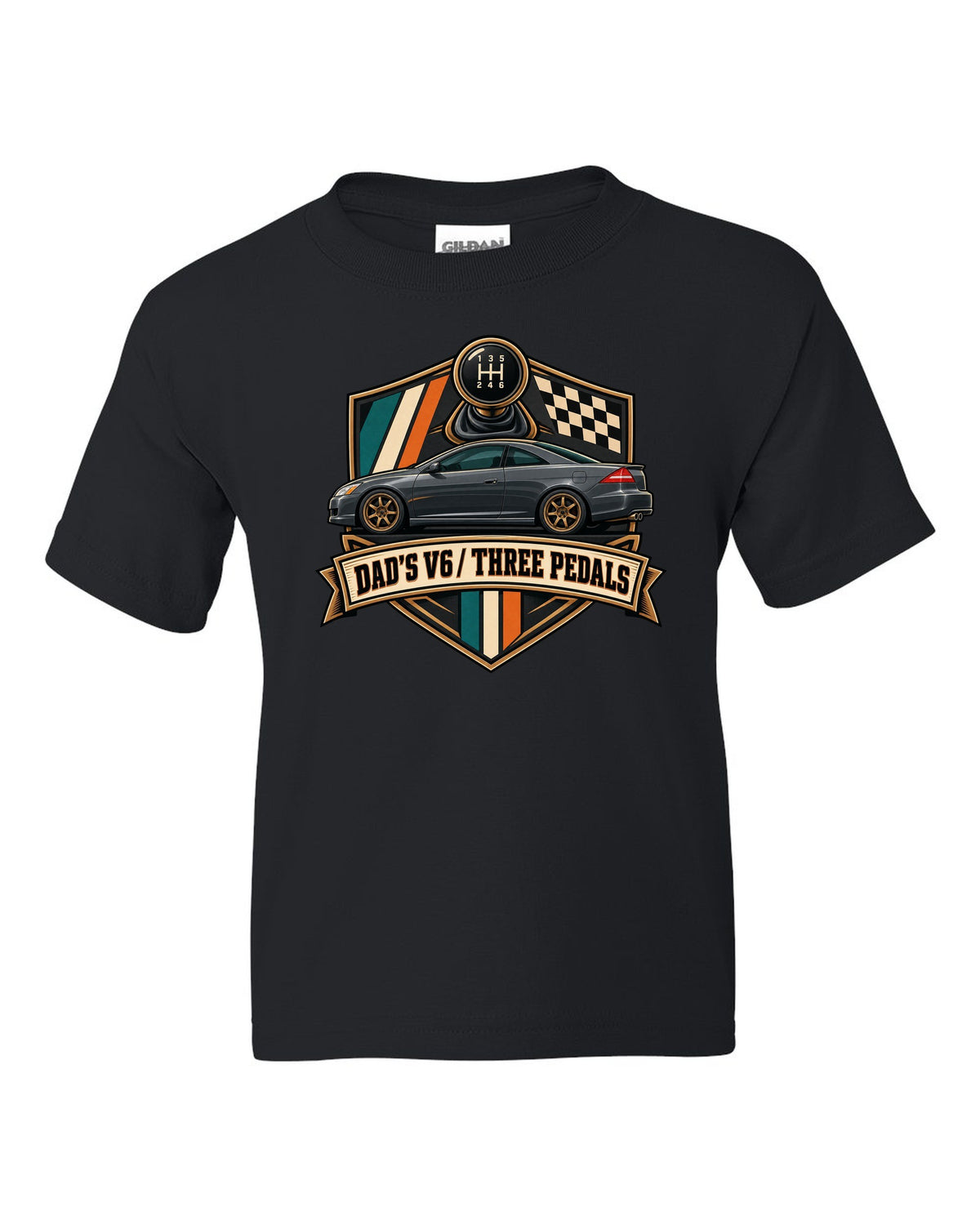 Crest layout print for the Honda Accord V6 Coupe with three pedals text black kids tee front view with the design