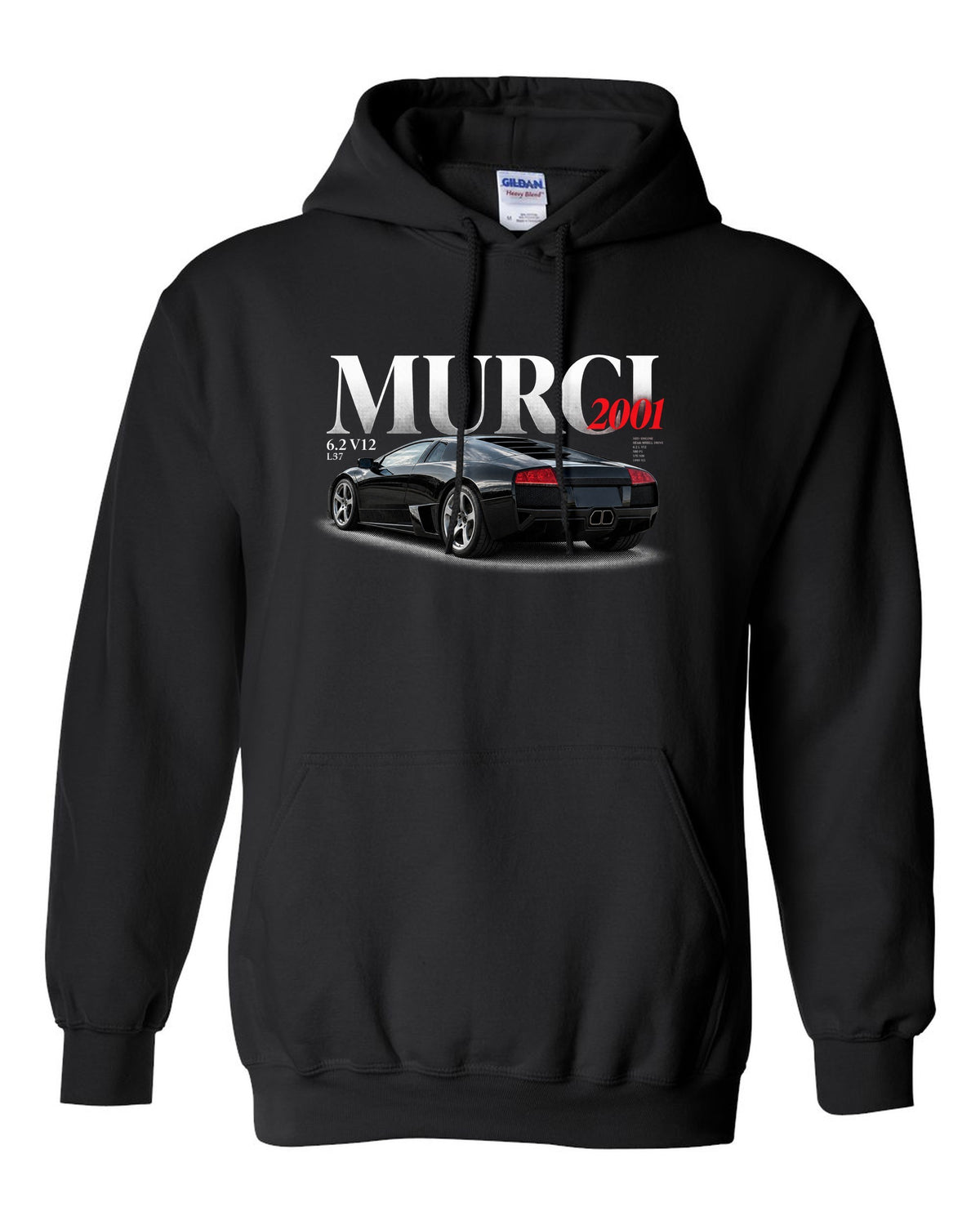 Editorial style print of a Lamborghini Murcielago L537 with 6.2 V12 and 2001 text black pull over hoodie front view with the design