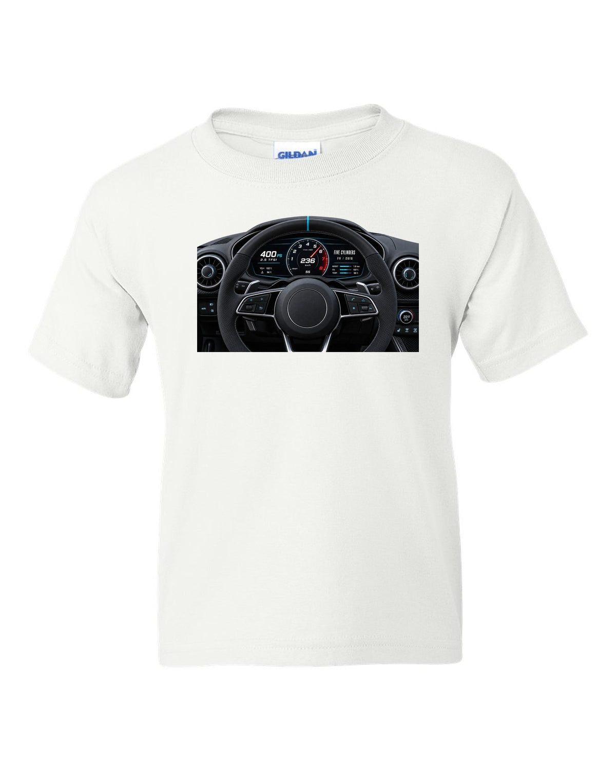 Audi TT RS FV virtual cockpit instrument cluster with 2.5 TFSI 400 PS text white kids tee front view with the design