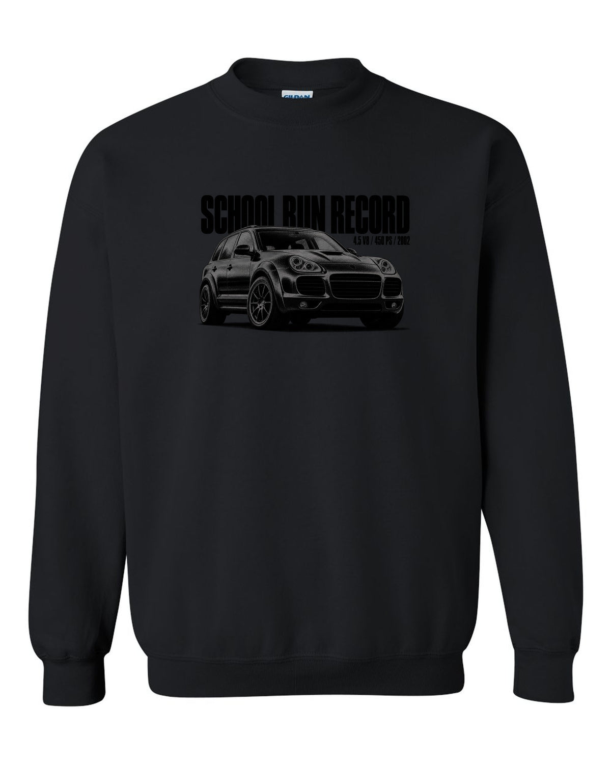 Halftone print of a Porsche Cayenne Turbo 955 with School Run Record caption black crewneck front view with the design