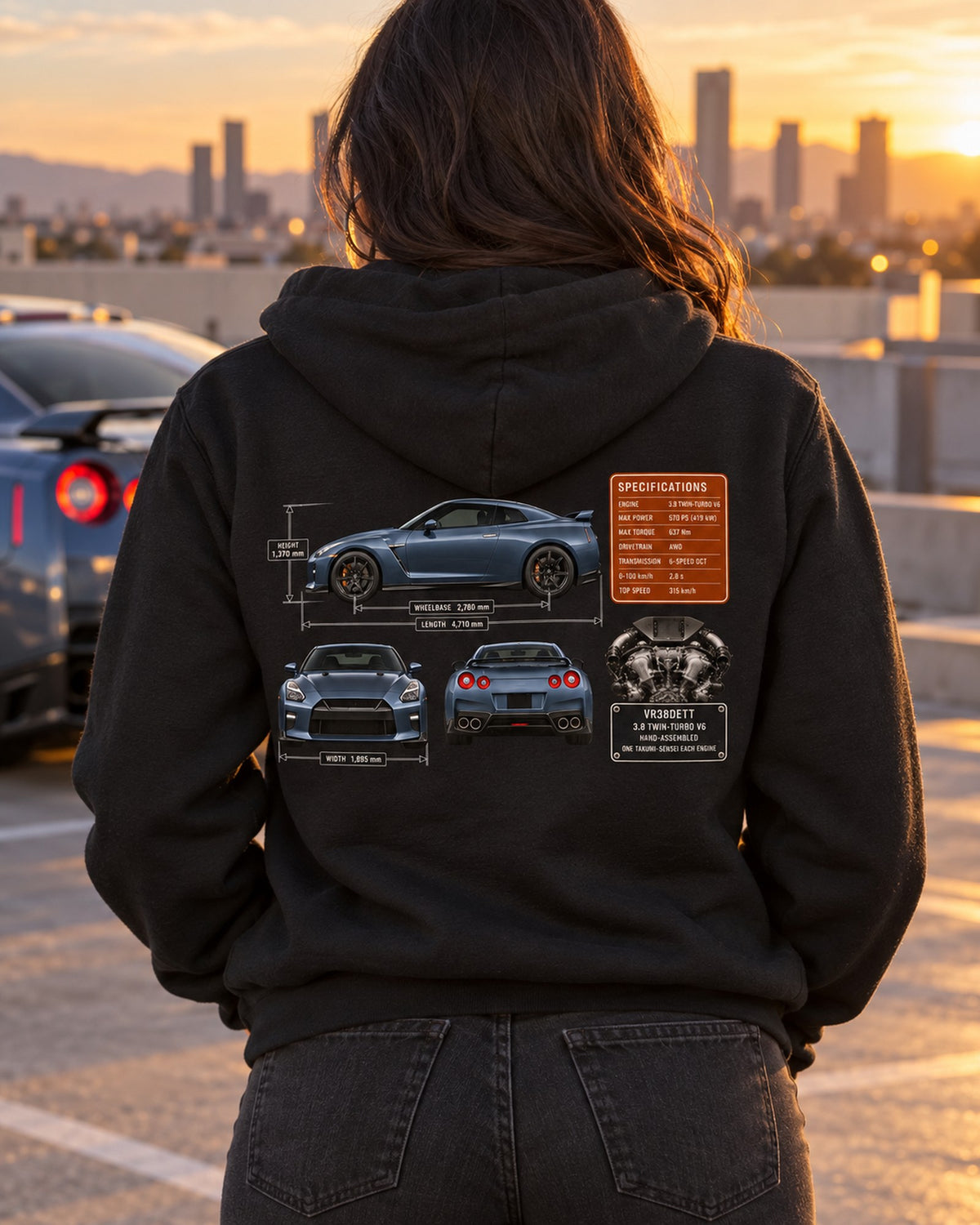 Nissan GT-R R35 Dimension Blueprint Tee, VR38DETT Car Shirt Zip Hoodie Black worn hero
