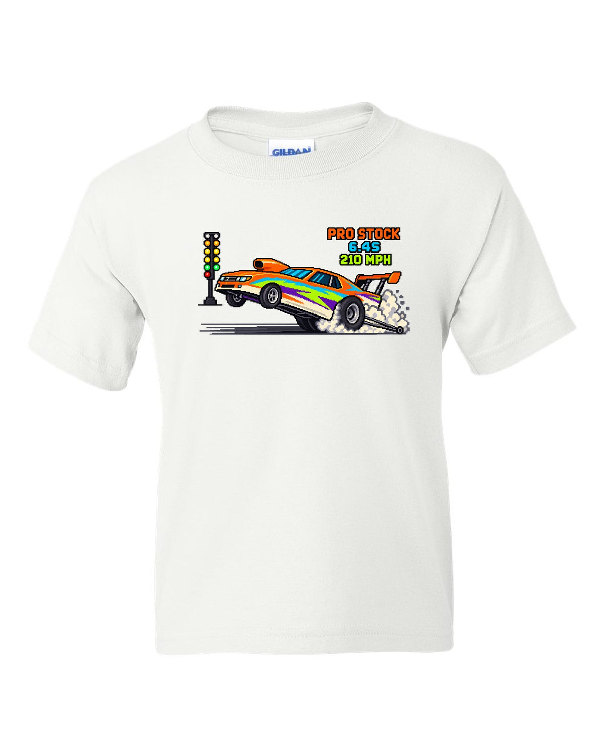8-bit pixel art Pro Stock drag car launching with 6.4S 210 MPH lettering white kids tee front view with the design