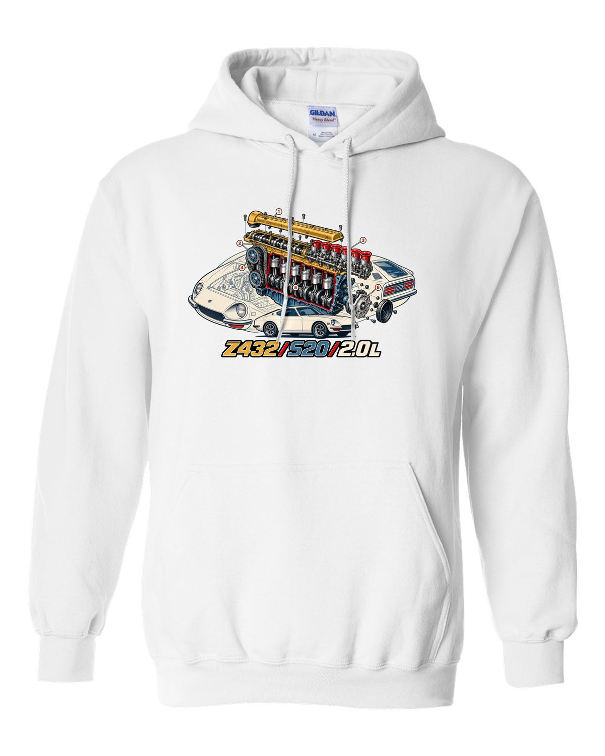 Exploded cutaway engine print for the Z432 with S20 2.0L lettering white pull over hoodie front view with the design