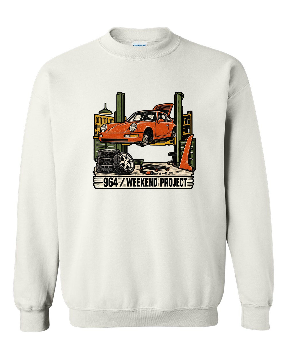 Linocut-style print of a Porsche 911 964 outlaw build with the text 964 Weekend Project white crewneck front view with the design