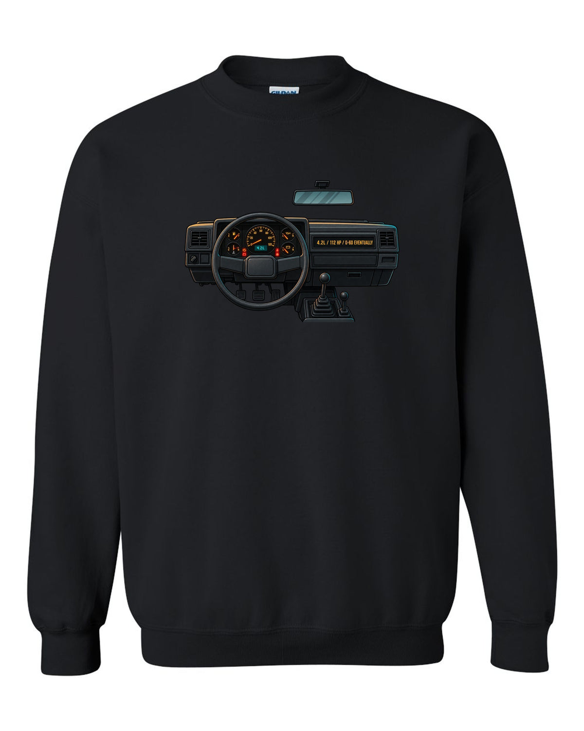 Gauge-cluster HUD print of a Jeep Wrangler YJ with 4.2L and 112 HP text black crewneck front view with the design