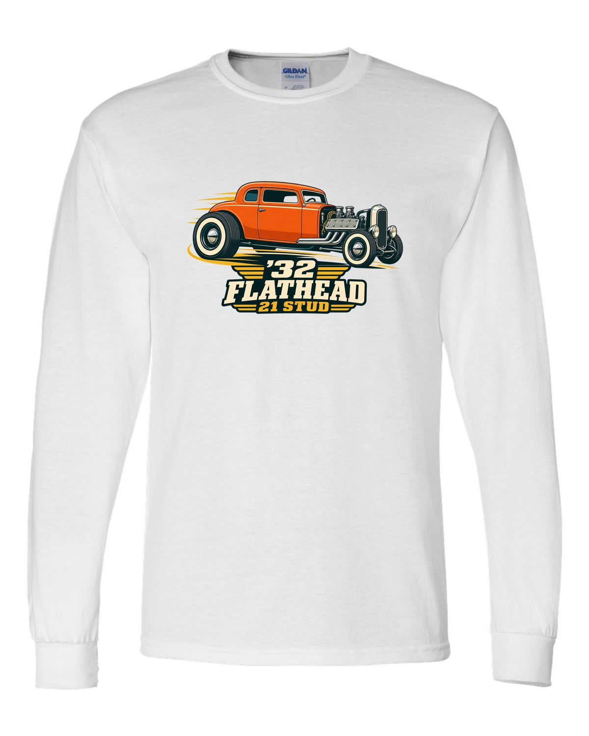 print of a two-tone flat vector 1932 Ford Deuce three-window coupe with flathead lettering white long sleeve front view with the design