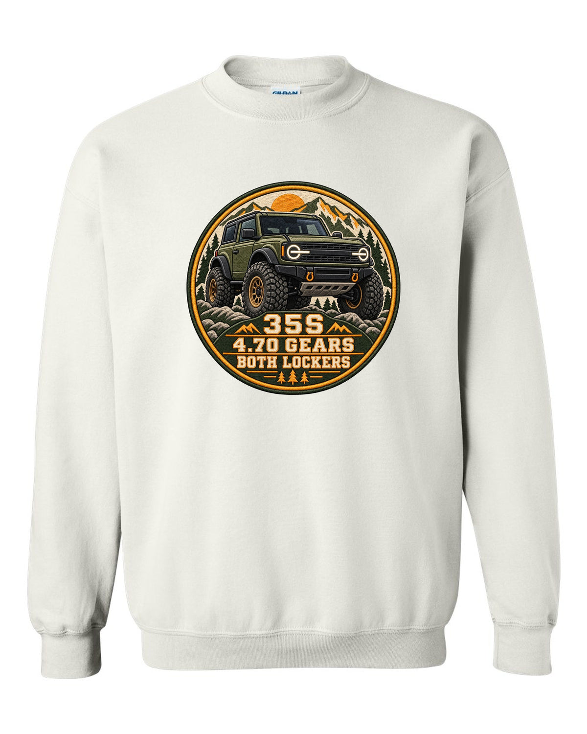 Round seal print for a 2021 Ford Bronco 6G Sasquatch package with 35s and lockers text white crewneck front view with the design