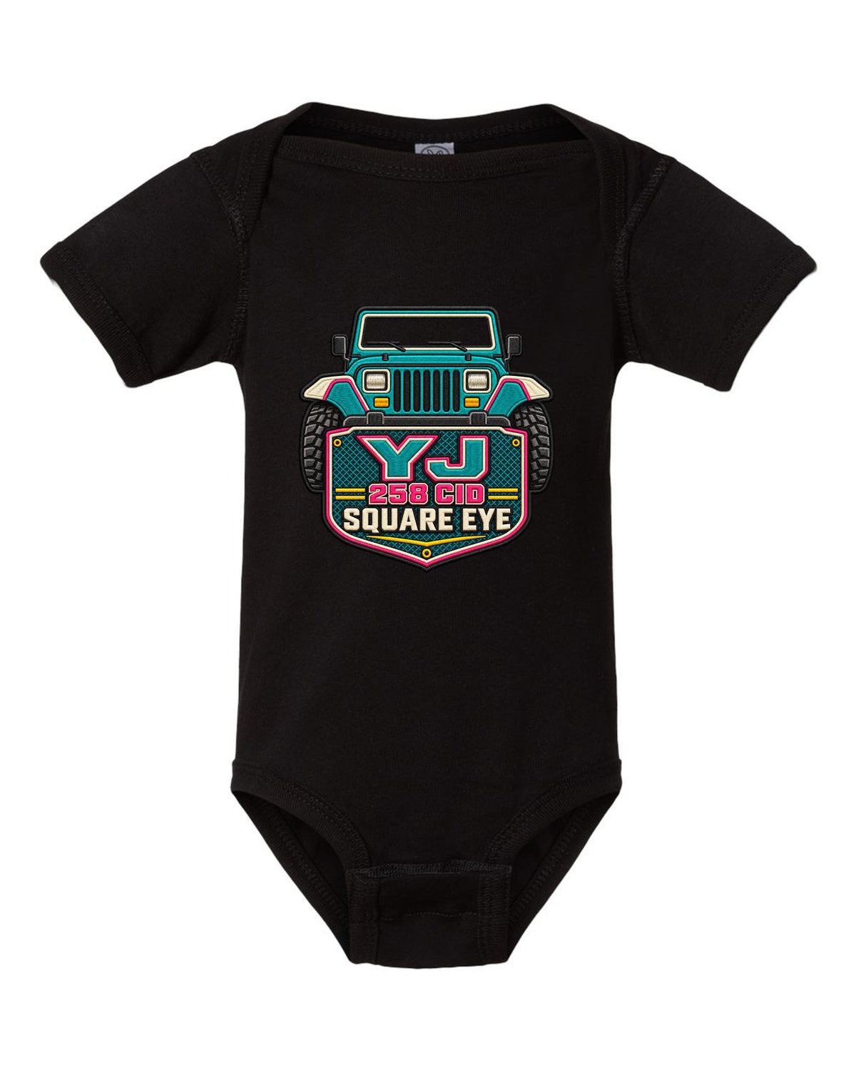Embroidery-style varsity crest print of a Jeep Wrangler YJ with square eye text black baby onesie front view with the design