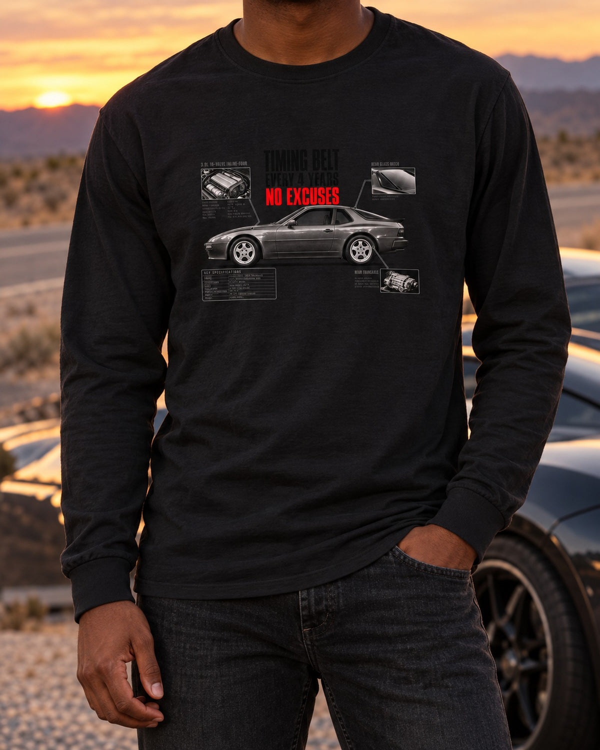 Porsche 944 S2 Timing Belt Spec Poster Shirt, Every 4 Years Long Sleeve Black worn hero