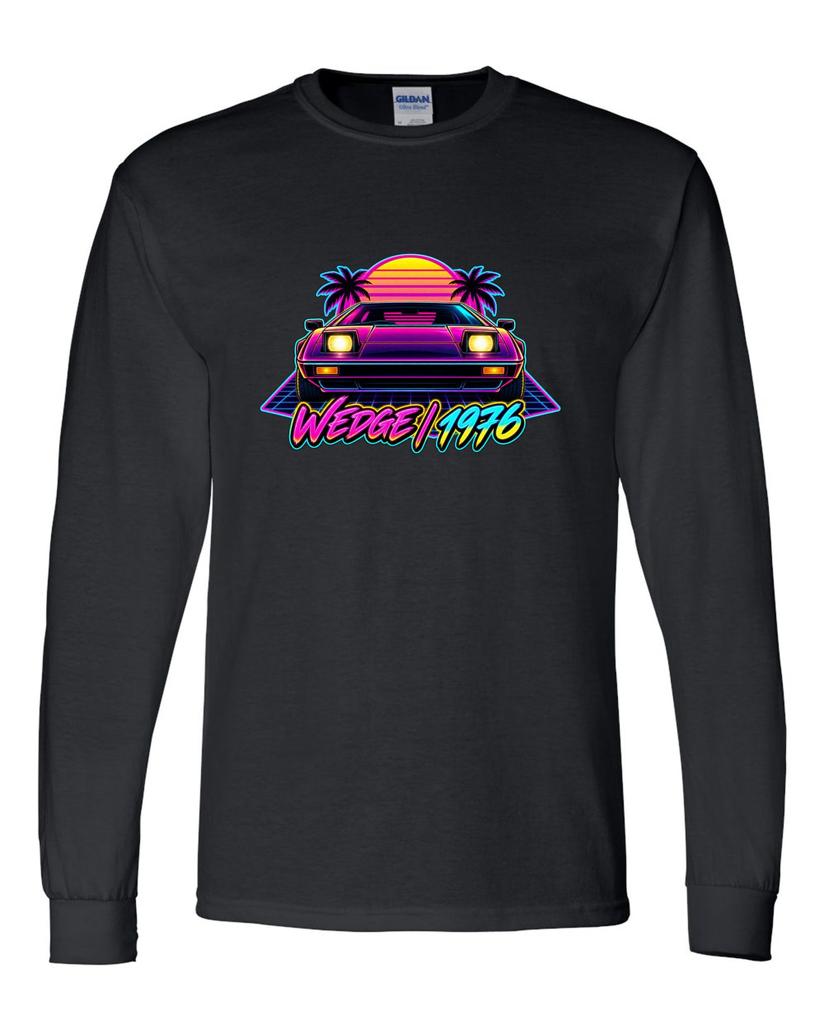 Lotus Esprit 1976 wedge in synthwave neon with WEDGE 1976 lettering black long sleeve front view with the design