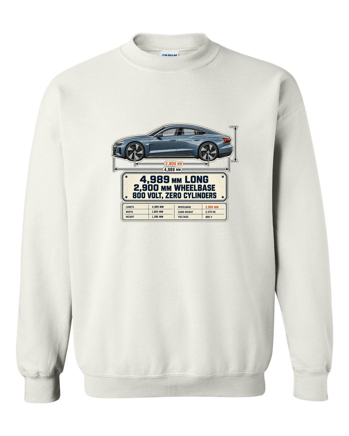 Audi RS e-tron GT J1 dimension blueprint print design white crewneck front view with the design