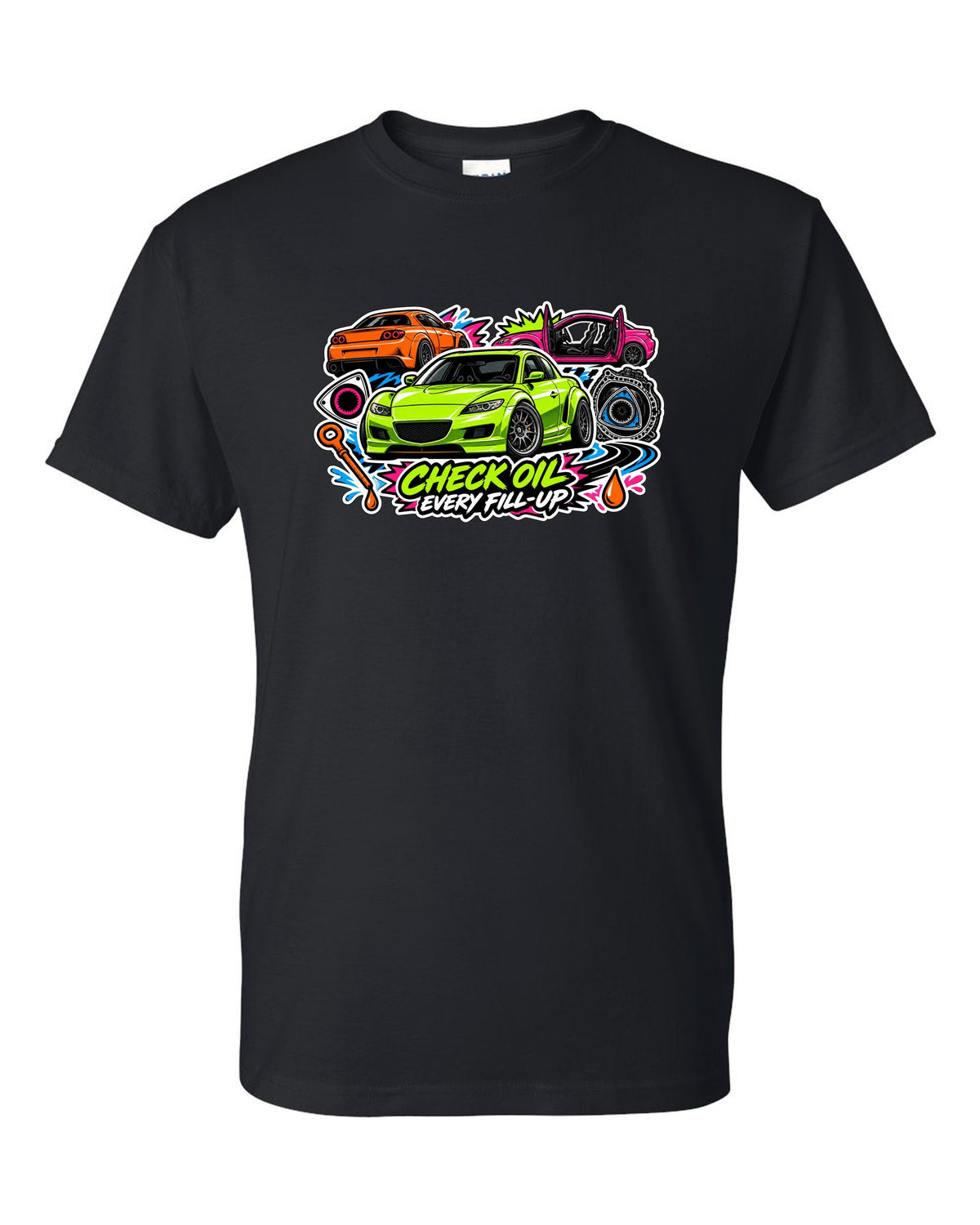 Retro synthwave sunset grid design for the Mazda RX-8 Renesis with 15 MPG ON A GOOD DAY lettering black t-shirt front view with the design
