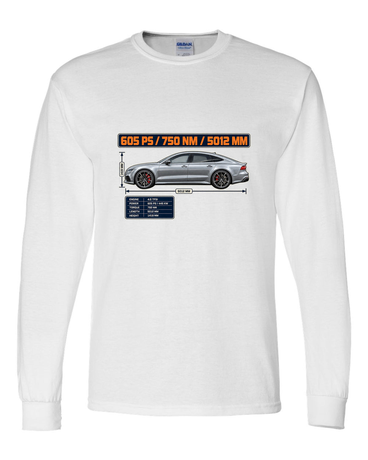 Audi RS7 Sportback performance C7 spec poster print white long sleeve front view with the design