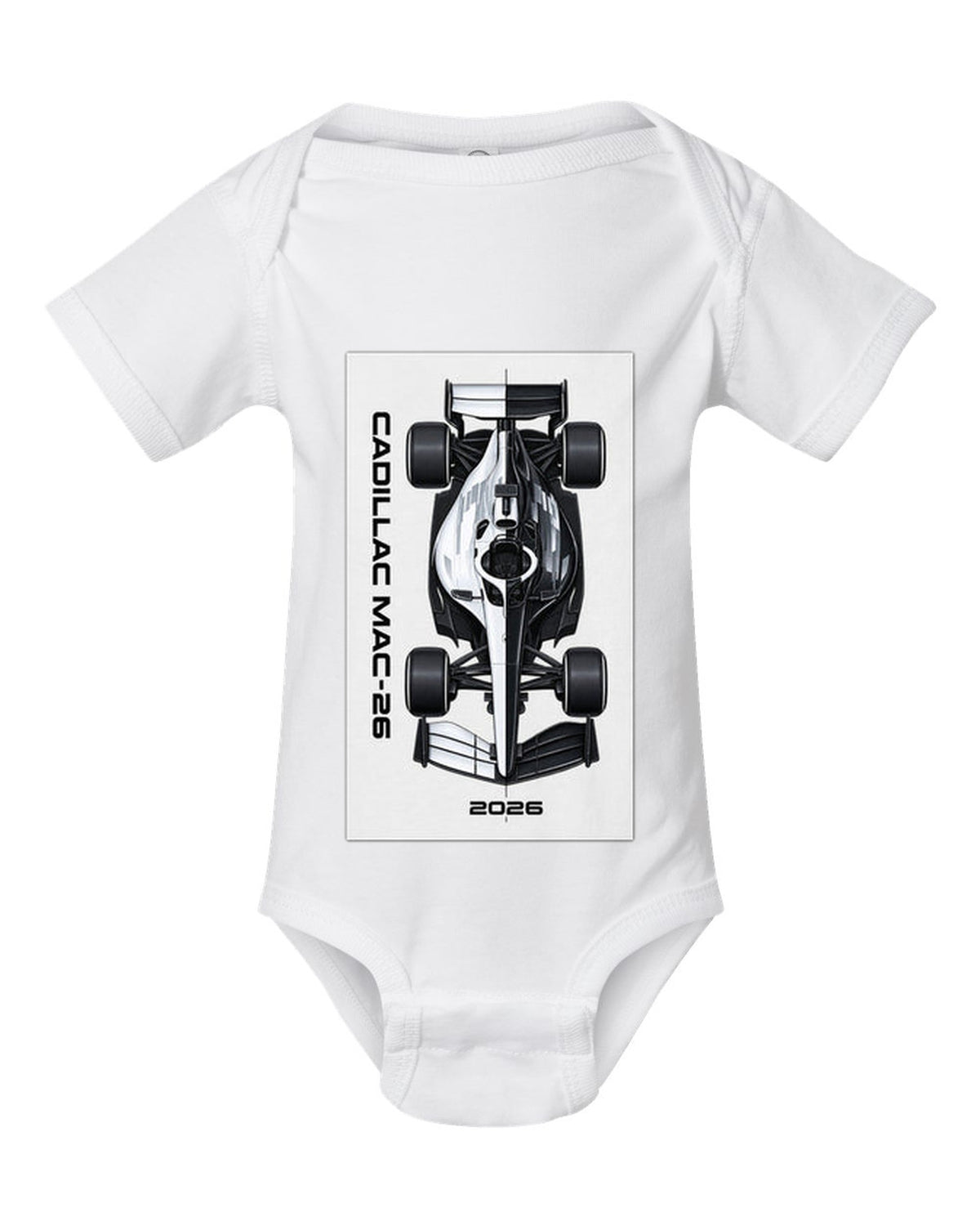 Cadillac MAC-26 2026 F1 car technical poster artwork white baby onesie front view with the design