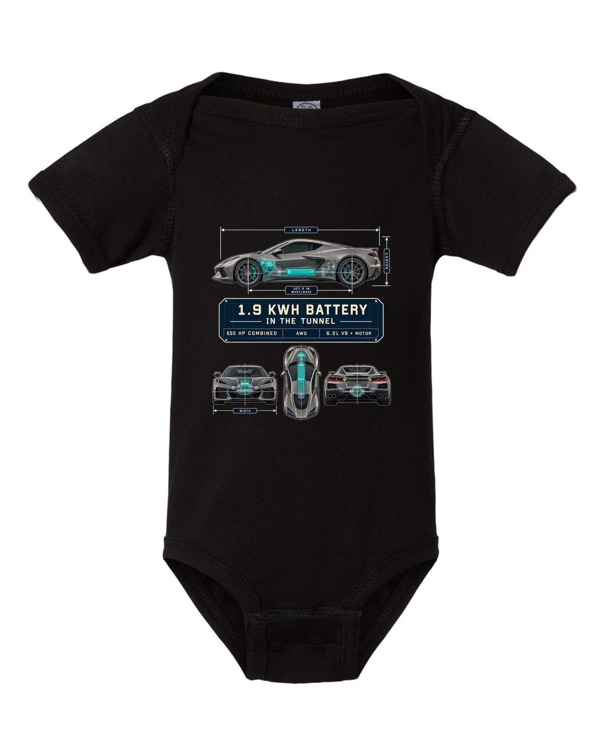 Dimension blueprint print of a Chevrolet Corvette C8 E-Ray with 1.9 kWh battery in the tunnel black baby onesie front view with the design