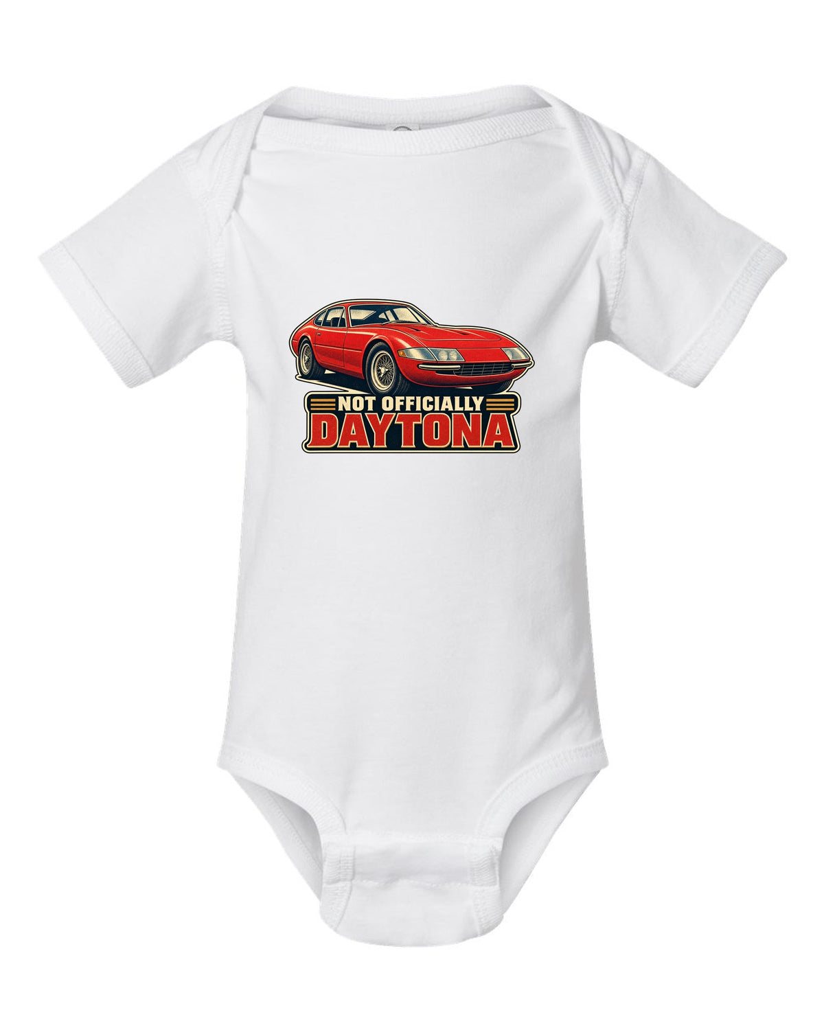 1960s race poster lithograph of the Ferrari 365 GTB/4 Daytona nose white baby onesie front view with the design