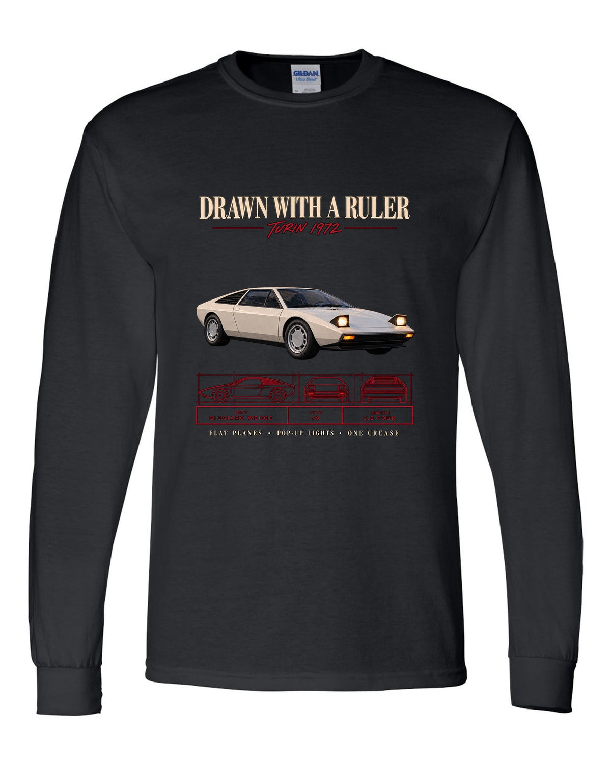 Archive panel print of a 1976 Lotus Esprit S1 Type 79 with Giugiaro wedge text black long sleeve front view with the design