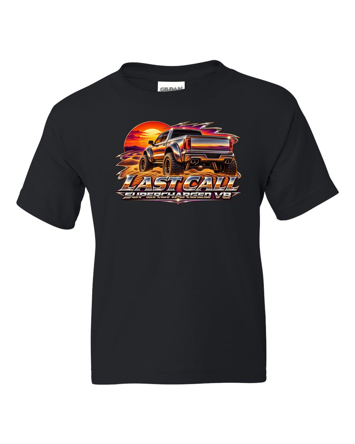 80s chrome airbrush print of a 2024 Ram 1500 TRX Final Edition on a dune with last call supercharged V8 text black kids tee front view with the design