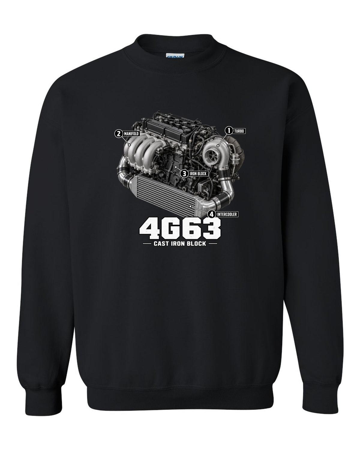 Engine diagram print for the Mitsubishi Lancer Evolution VI CP9A showing a 4G63 with turbo, manifold, iron block and intercooler callouts black crewneck front view with the design