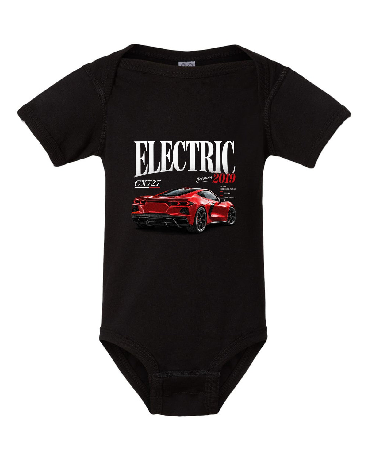 Ford Mustang Mach-E CX727 editorial headline print reading Electric Since 2019 black baby onesie front view with the design