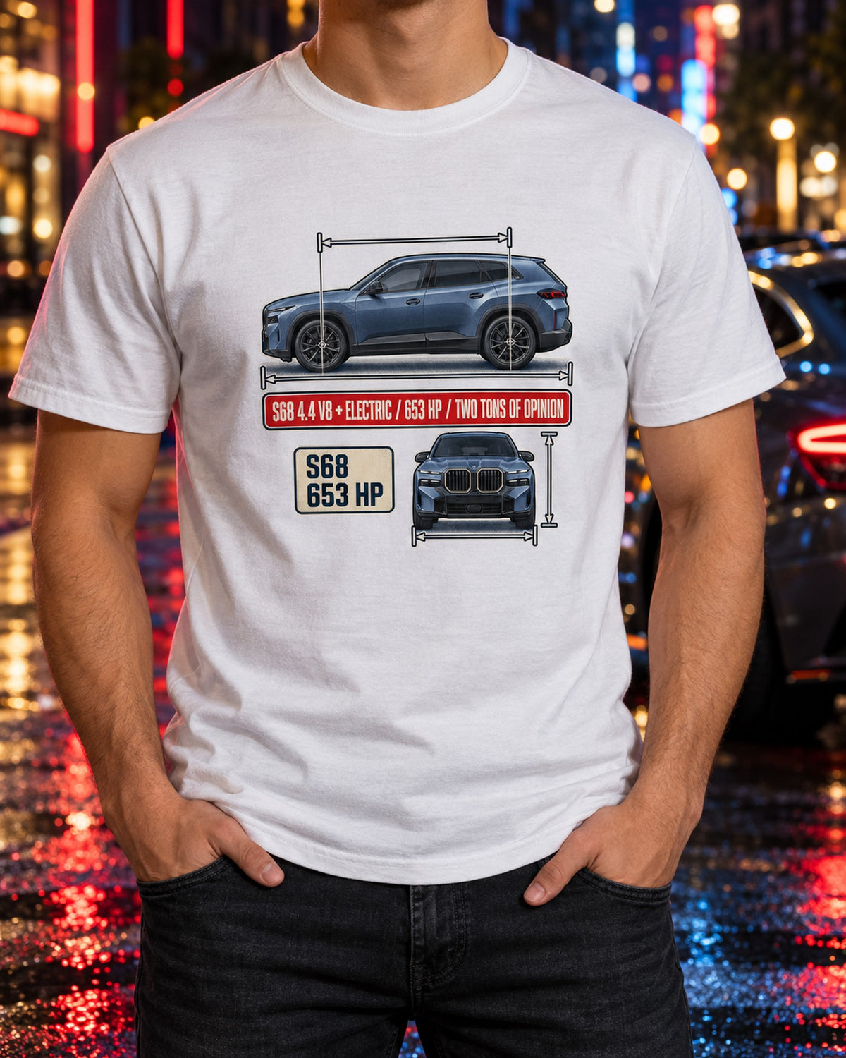 BMW XM G09 Dimension Blueprint Tee, S68 V8 Plug-In SUV T-Shirt White worn hero