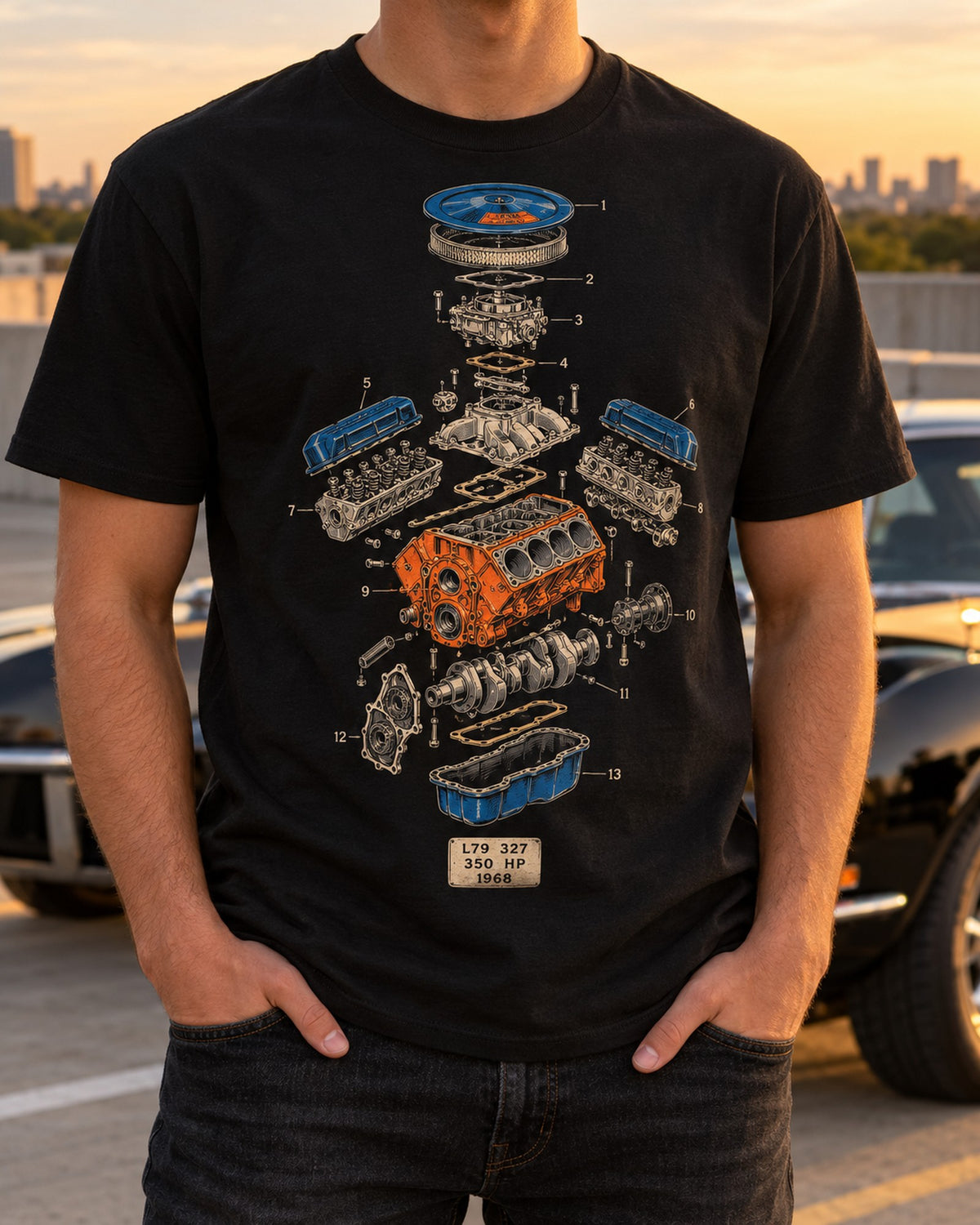 1968 Chevrolet Nova L79 327 Exploded Engine Diagram Shirt T-Shirt Black worn hero