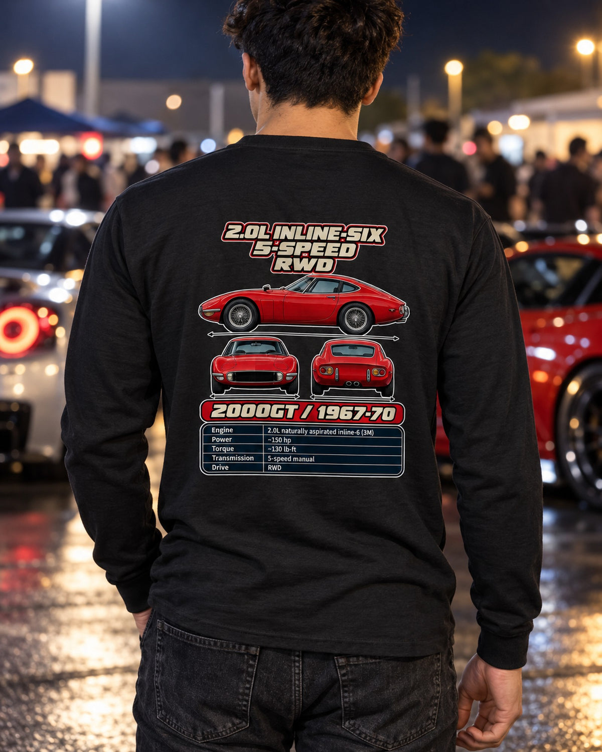 Toyota 2000GT Spec Sheet Full-Back Graphic Tee Long Sleeve Black worn hero