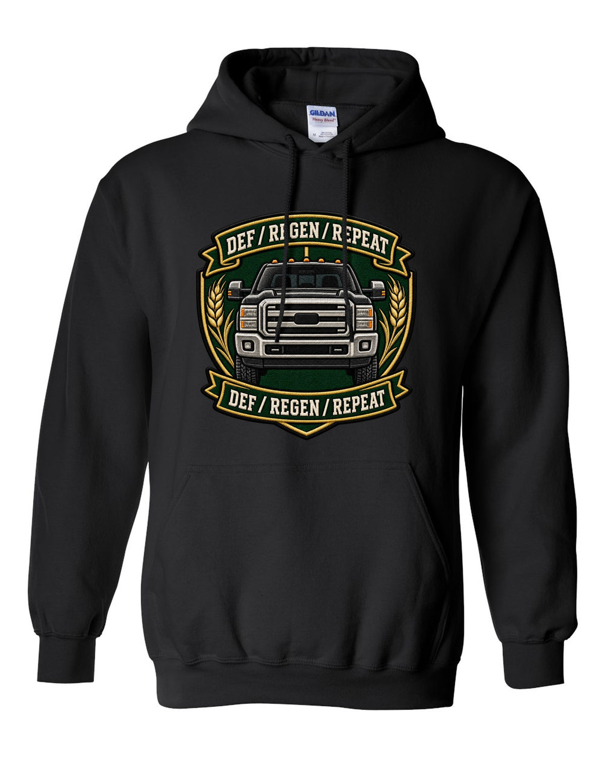 Shield crest print for the 2010-2018 Ram 2500 6.7 Cummins reading DEF regen repeat black pull over hoodie front view with the design
