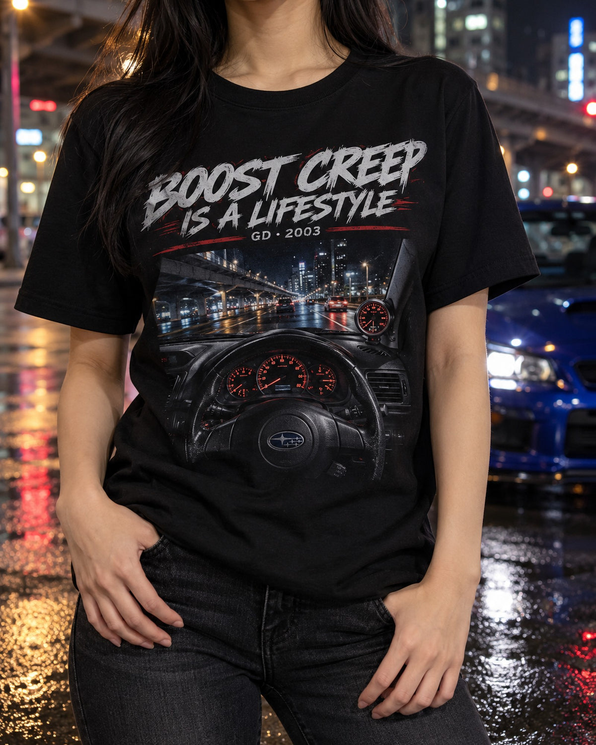 Subaru WRX GD Blobeye Boost Gauge Tee, Boost Creep Lifestyle T-Shirt Black worn hero