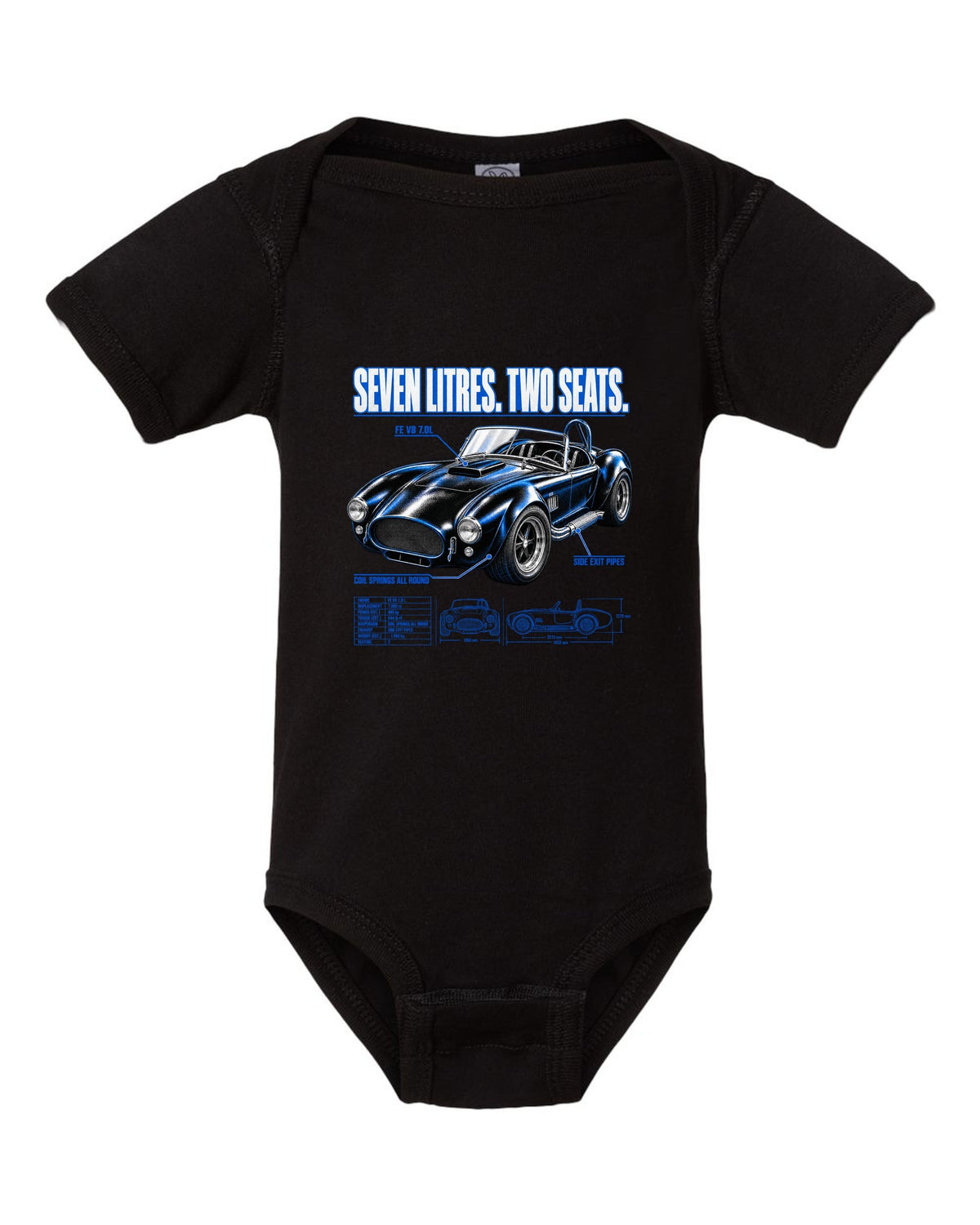 Top-down spec poster print of a 1965-1967 Shelby-style 427 roadster black baby onesie front view with the design