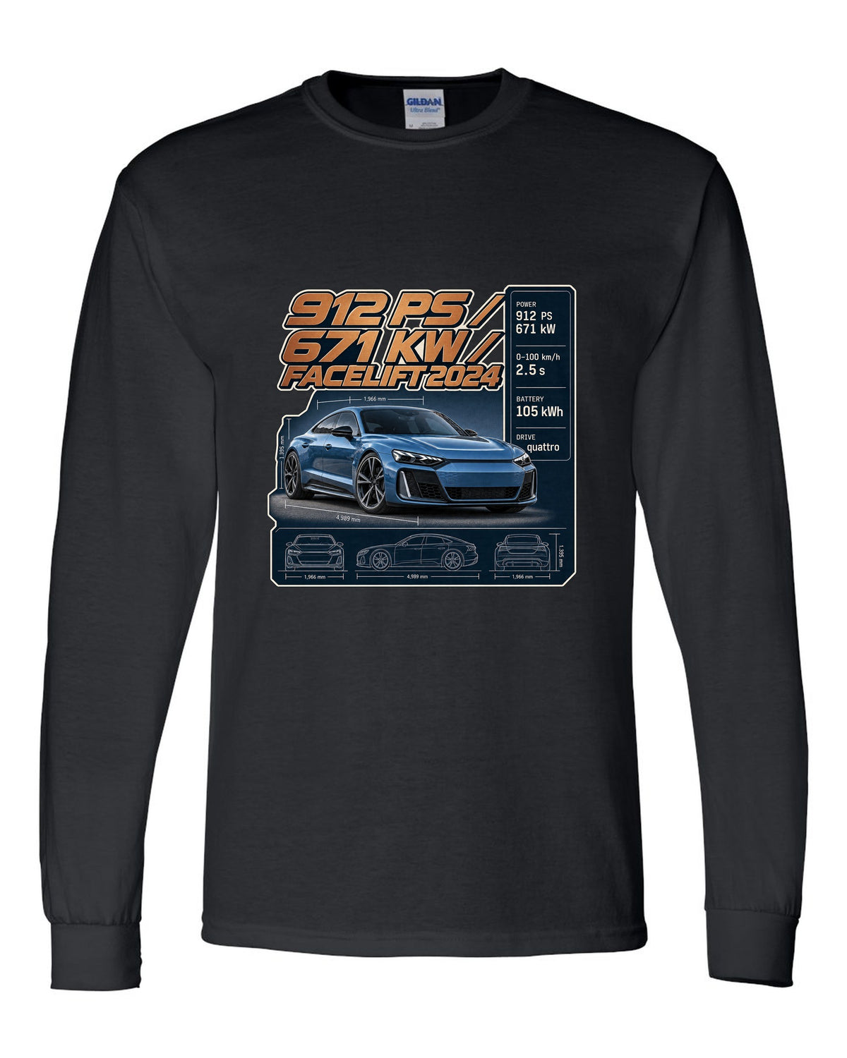 Audi RS e-tron GT performance facelift spec poster print design black long sleeve front view with the design