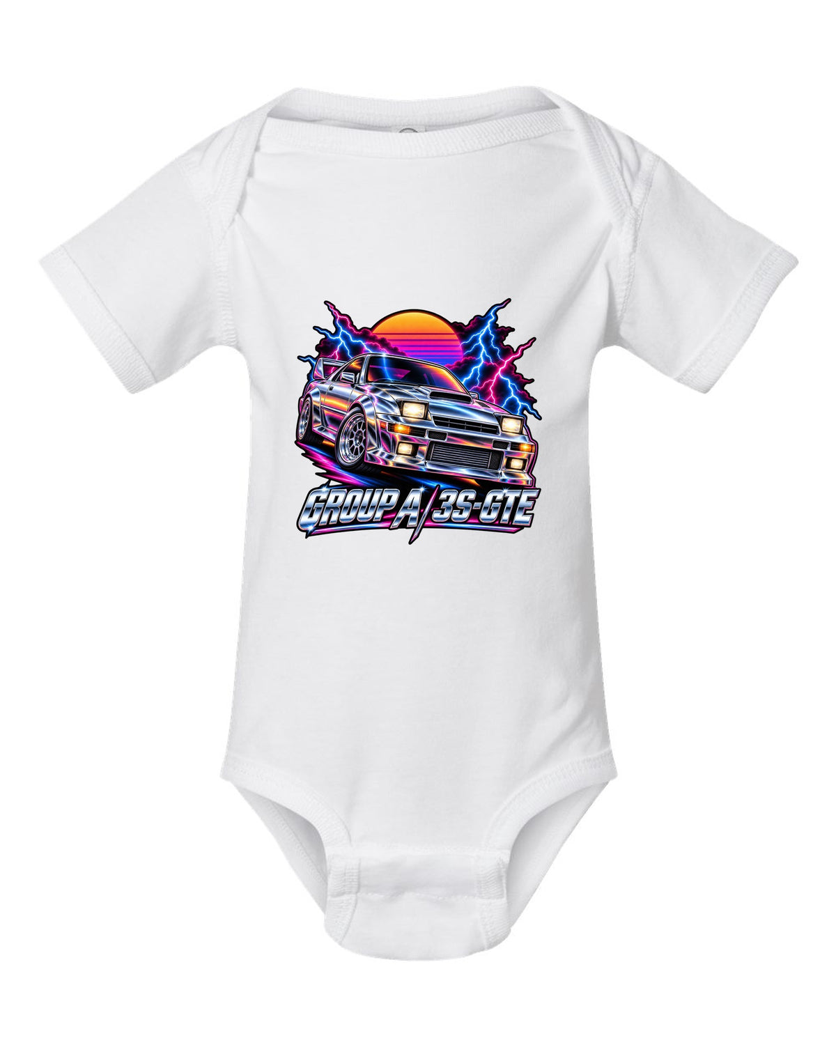 80s airbrush chrome illustration of a Toyota Celica GT-Four ST185 with Group A 3S-GTE lettering white baby onesie front view with the design