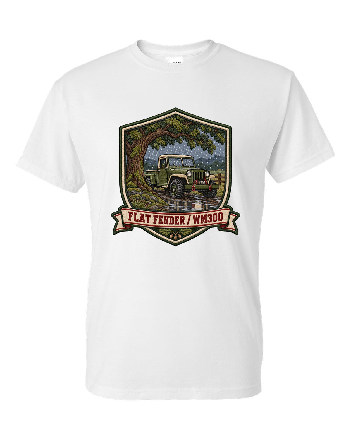 Varsity-style embroidered crest print of a Dodge Power Wagon WM300 flat fender white t-shirt front view with the design