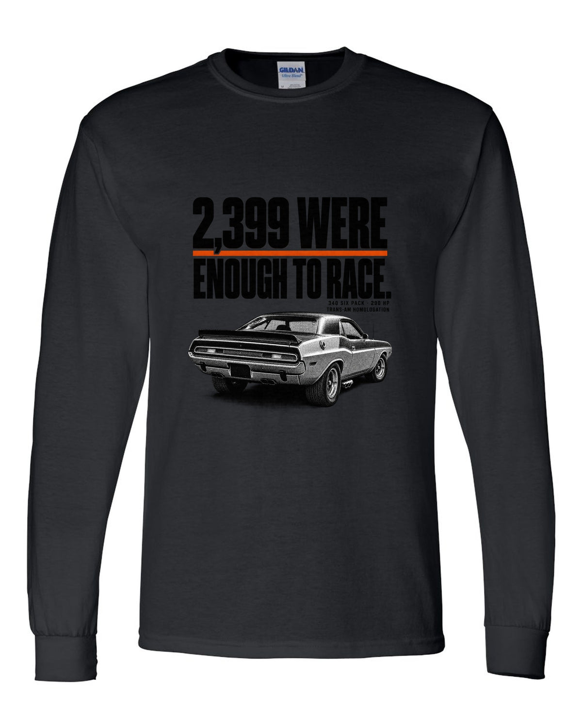 1970 Dodge Challenger T/A halftone print with 2,399 built and 340 Six Pack lettering black long sleeve front view with the design