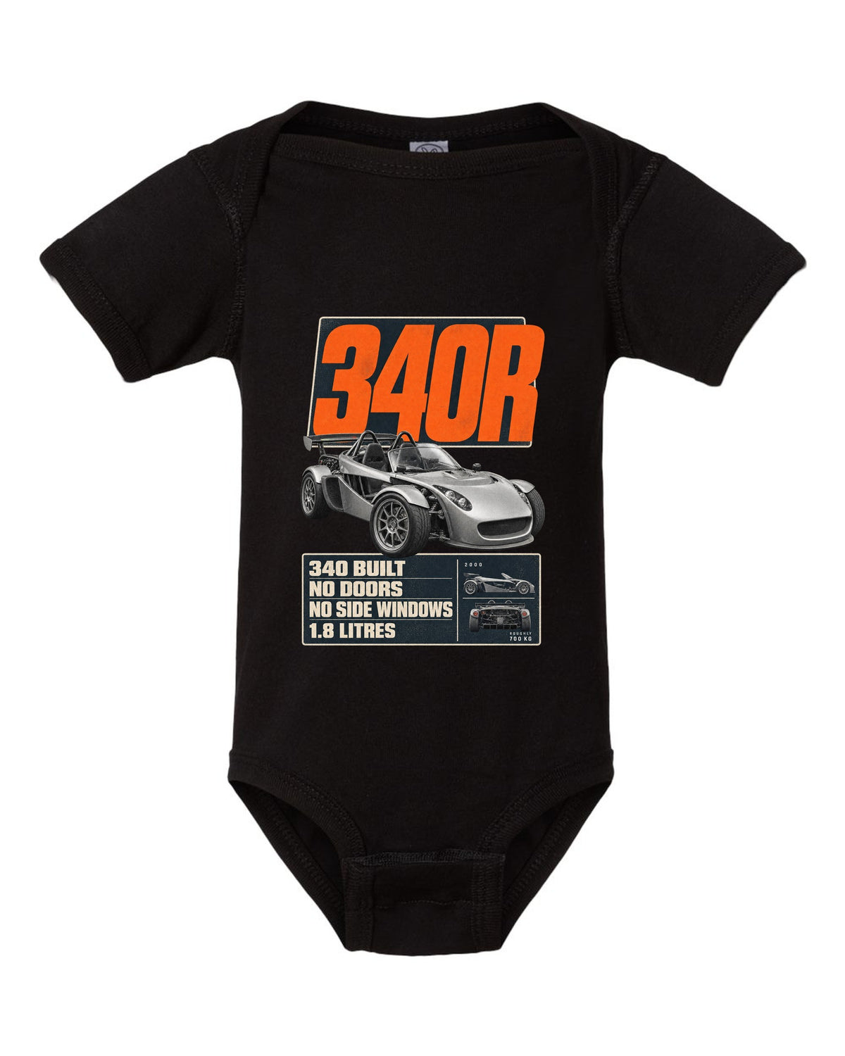 Lotus Elise 340R doorless roadster editorial headline print design black baby onesie front view with the design