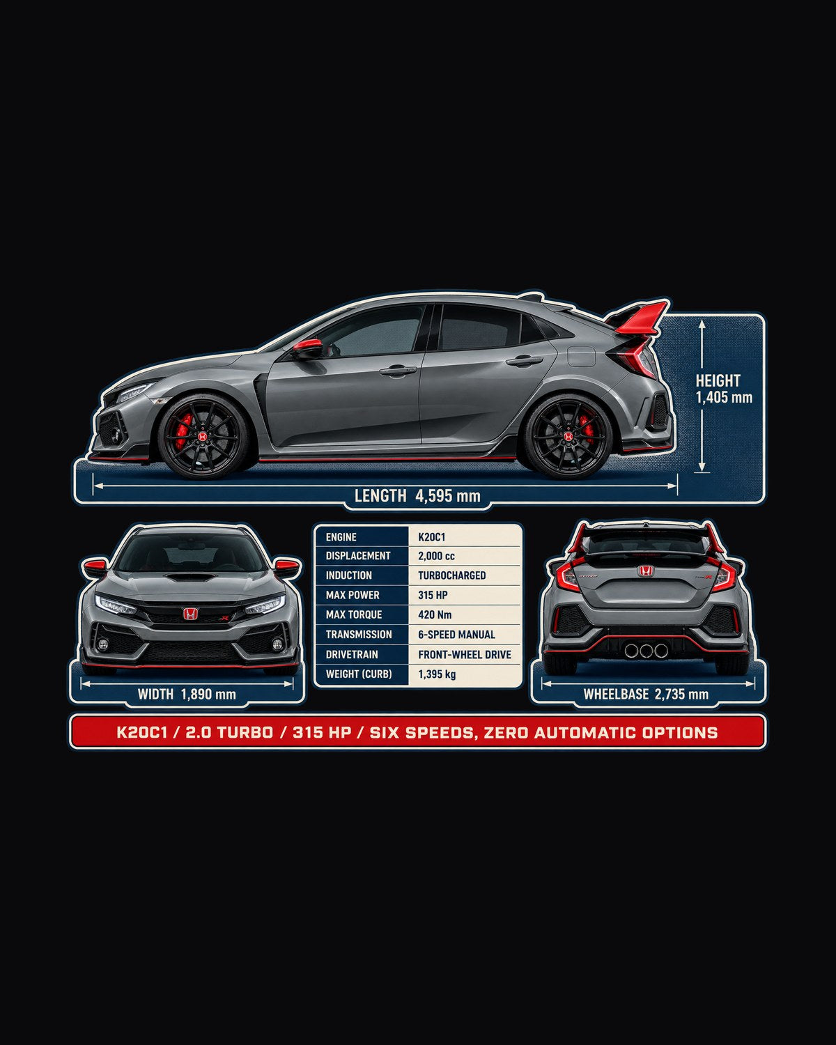 Honda Civic Type R FL5 Dimension Blueprint Shirt, Car Guy Gift design only