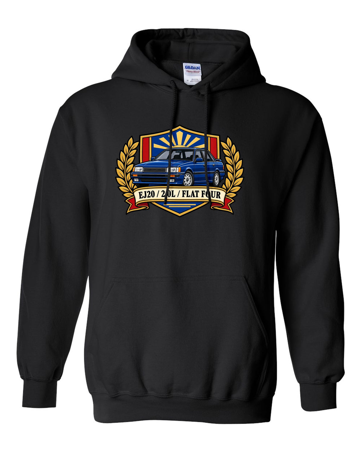 Shield crest design for a Subaru Legacy BC5 RS with EJ20 2.0L flat four text black pull over hoodie front view with the design