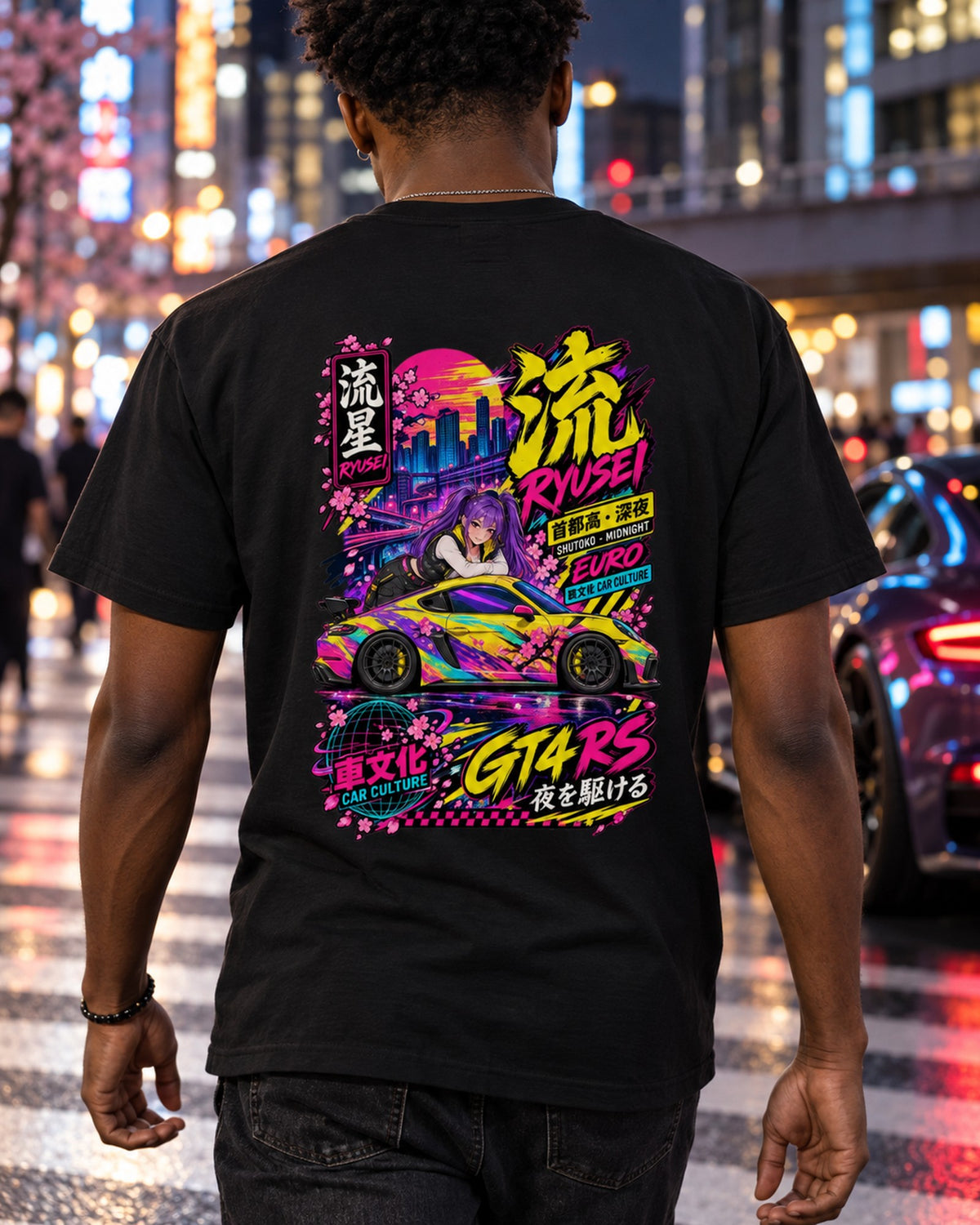 RYUSEI GT4 RS Anime Girl Full-Back Graphic Tee T-Shirt Black worn hero