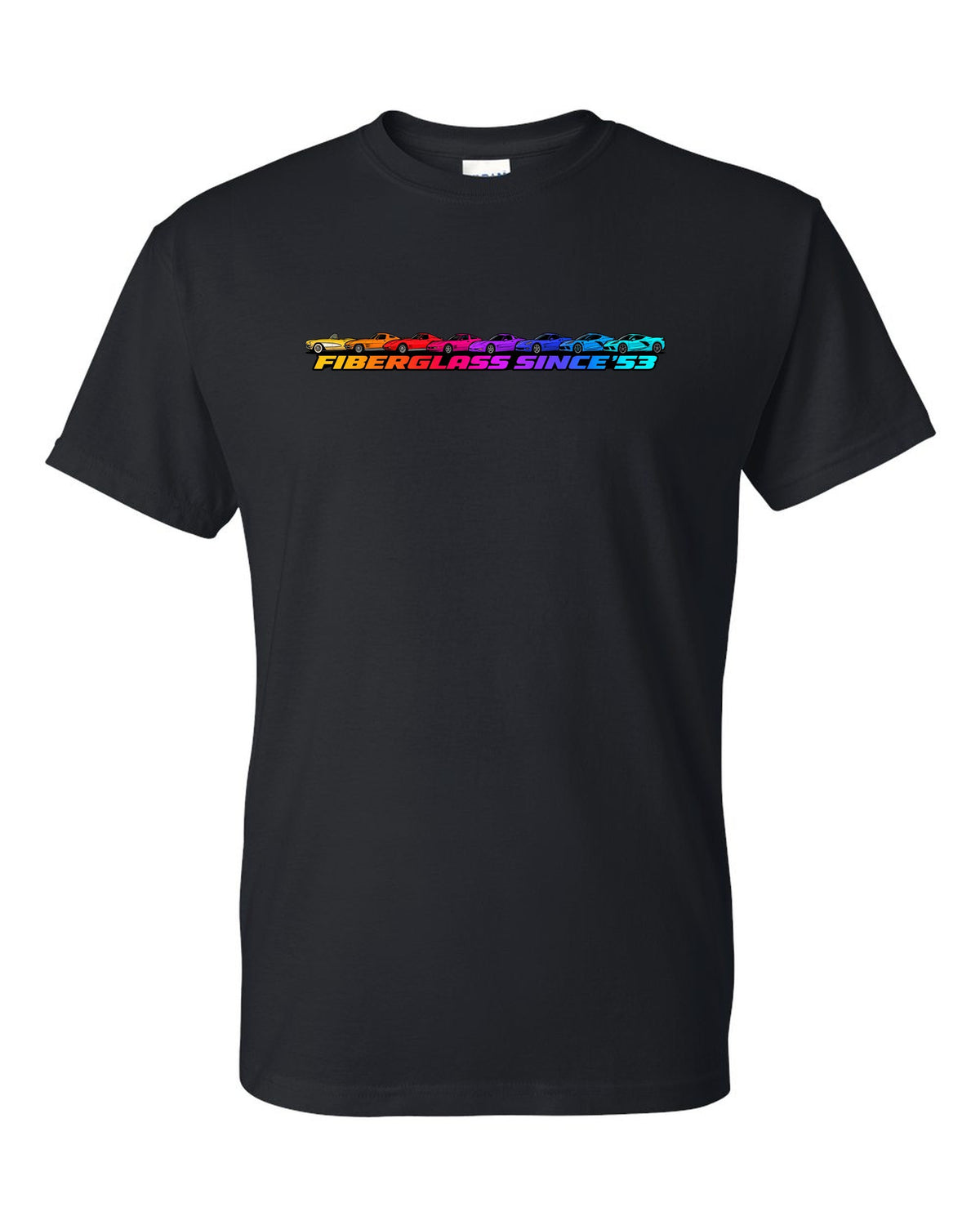 Flat gradient silhouette lineup of eight Chevrolet Corvette generations C1 to C8 with Fiberglass Since '53 text black t-shirt front view with the design