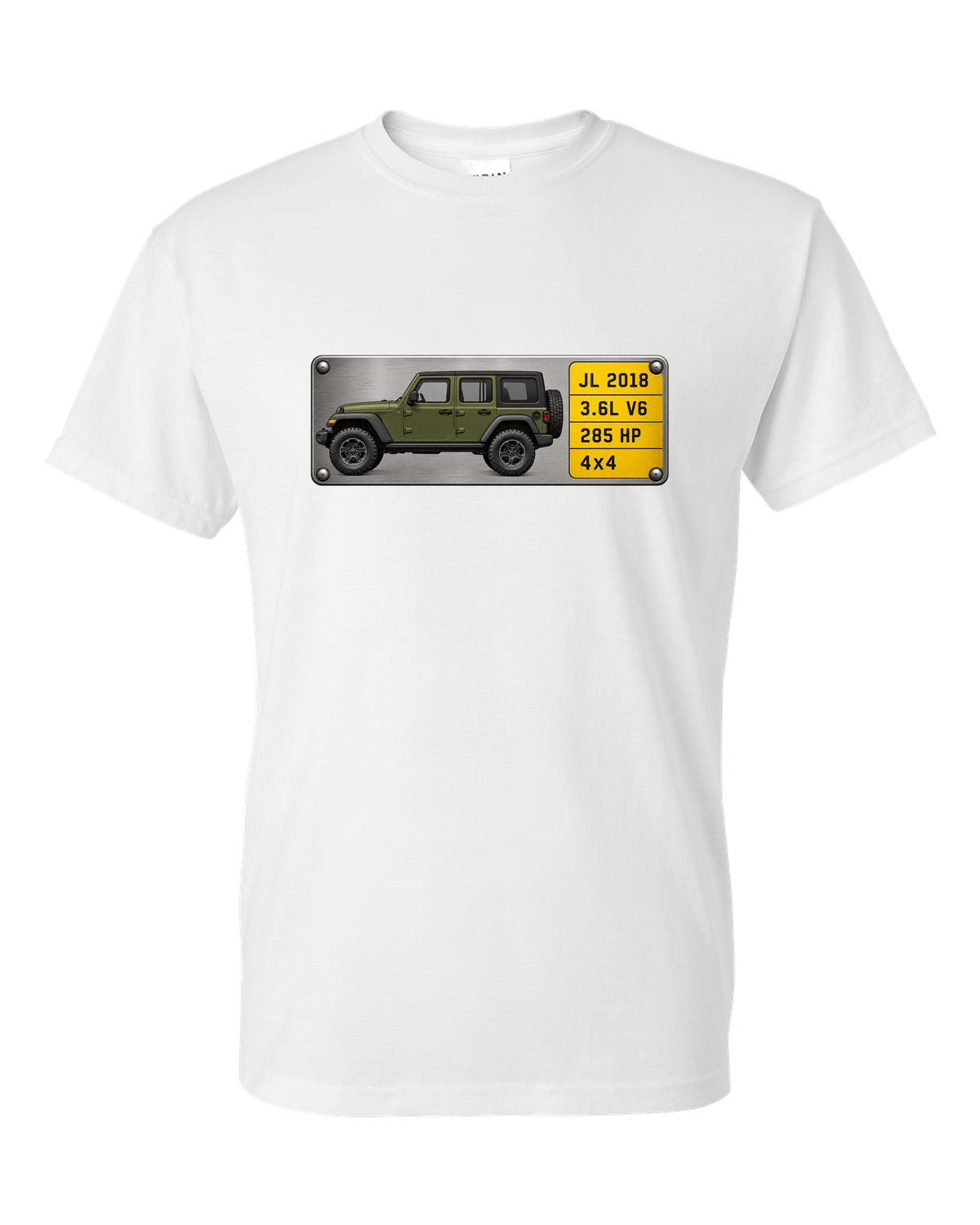 Jeep Wrangler JL Unlimited 3.6L V6 285 HP Spec Plate Tee white t-shirt front view with the design