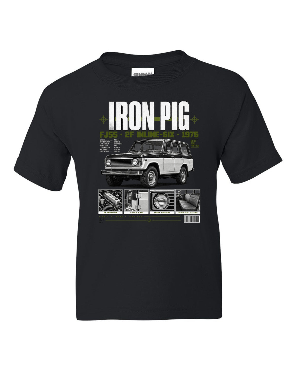Dossier panel print of a Toyota Land Cruiser FJ55 wagon with Iron Pig and 2F text black kids tee front view with the design
