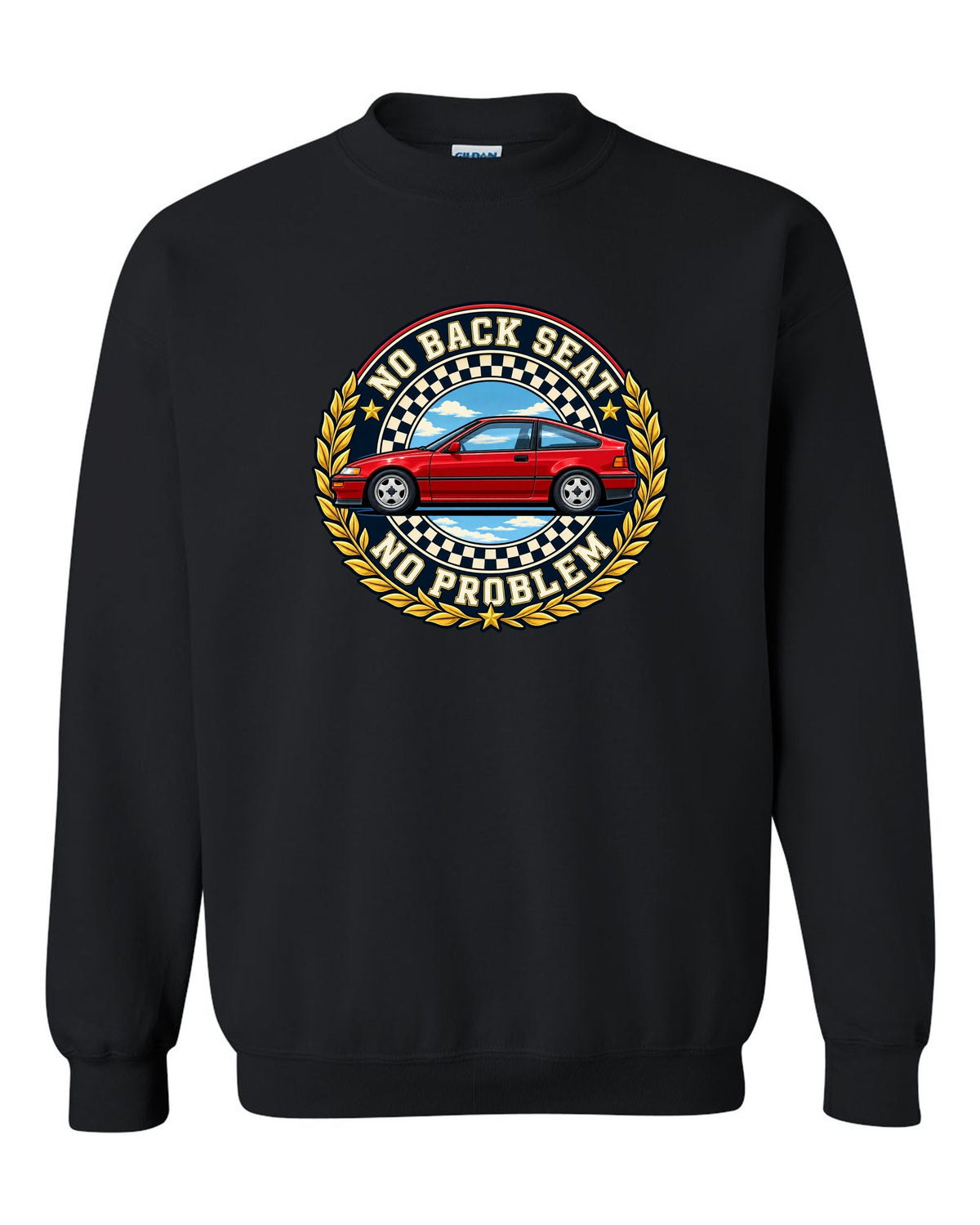Crest layout print for the Honda CRX EF8 with no back seat text black crewneck front view with the design